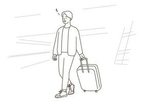 glimlachen Mens met koffer wandelen in luchthaven klaar voor reizen. gelukkig vent met bagage opgewonden met vakantie of vakantie. toerisme concept. vector illustratie.