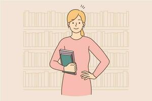 glimlachen vrouw Holding boeken poseren in bibliotheek. gelukkig vrouw met leerboeken staand in boekhandel of op te slaan. vector illustratie.