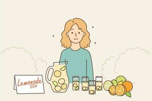 weinig meisje verkoop eigengemaakt limonade buitenshuis. gelukkig klein kind Bij kraam verkopen citrus drinken naar voorbijganger Aan straat. vector illustratie.