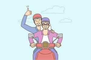 gelukkig ouderen paar het rijden Aan motor. glimlachen energiek volwassen Mens en vrouw hebben pret genieten motorfiets rijden buitenshuis. vector illustratie.