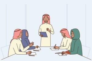 Arabisch mensen praten Aan vergadering in kantoor. Arabisch zakenman lood briefing met collega's Bij werkplek. Internationale bedrijf. vector illustratie.