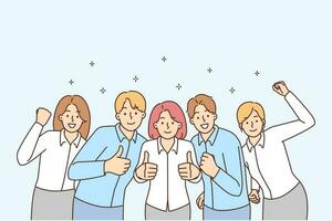 groep van glimlachen mensen uit het bedrijfsleven tonen duimen omhoog vieren gedeeld bedrijf succes. gelukkig werk team juichen genieten mooi zo baan resultaten. vector illustratie. teamwerk.