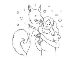 gelukkig weinig meisje knuffelen met hond tonen genegenheid en liefde. glimlachen kind omarmen knuffelen met huisdier. eigendom en vriendschap. vector illustratie.