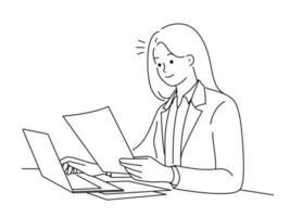 geslaagd zakenvrouw zitten ta bureau werk Aan computer lezing documenten. glimlachen jong vrouw werknemer bezig Bij laptop controle papierwerk in kantoor. vector illustratie.