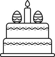 Pasen ei versierd taart met brandend kaars zwart schets icoon. vector