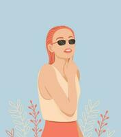 portret van een modieus vrouw. mooi jong vrouw in zomer kleren in zonnebril. elegant abstract meisje in pastel kleuren. mode vector illustratie