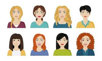 een reeks van avatars van gelukkig mensen van verschillend uiterlijk, kapsels. portretten van Dames. vector illustratie in tekenfilm stijl.