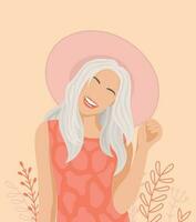 portret van een modieus vrouw. mooi jong vrouw in zomer kleren houdt een hoed met haar hand. elegant abstract meisje in pastel kleuren. mode vector illustratie