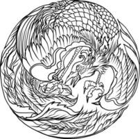 Feniks brand vogel vector en illustratie ontwerp voor tatoeage.chinees Pauw in cirkel silhouet en geïsoleerd Aan wit achtergrond. Feniks kleuren boek vector.