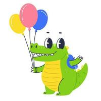 schattig krokodil karakter golven zijn hand- en houdt ballonnen. tekenfilm vlak baby krokodil met rugzak. vector illustratie.