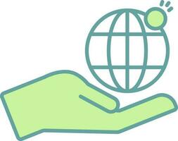 hand- Holding wereldbol met munt icoon in groen en wit kleur. vector