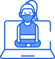 blauw en wit kleur Dames online yoga klasse concept met laptop icoon. vector