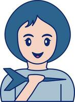 vrolijk meisje Holding pijl icoon in blauw en perzik kleur. vector