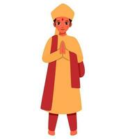 Indisch jong Mens of bruidegom karakter aan het doen namaste in traditioneel kleding. vector