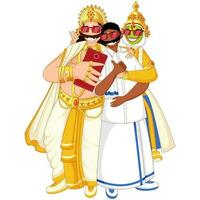 vrolijk koning mahabali met Kathakali danser, zuiden Indisch Mens selfie samen van smartphone Aan wit achtergrond. vector