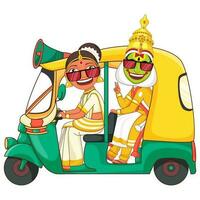 zuiden Indisch vrouw en Kathakali danser rijden in auto taxi voor Aankondiging. vector