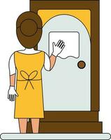 terug visie van jong vrouw schoonmaak deur met kleding kleurrijk icoon. vector