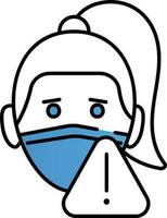 vrouw slijtage een masker met waarschuwing teken icoon in blauw en wit kleur. vector