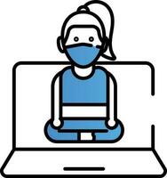 blauw en wit kleur vrouw online yoga klasse van laptop icoon. vector