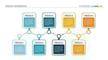 horizontaal tijdlijn of flowchart met acht plein elementen en ruimte voor gegevens. concept van 8 opeenvolgende stappen van bedrijf werkwijze. vector