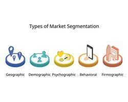 5 type van markt segmentatie naar bepalen hun ideaal klant profiel of icp zijn demografisch, psychografisch, geografisch, firmografisch en gedrag vector