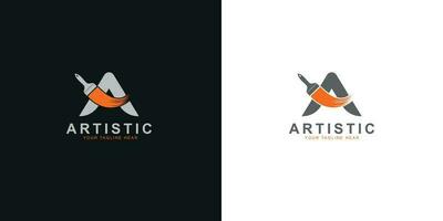 artistiek tekst logo met oranje en durk verf borstel in zwart kleur en vlak minimaal vector logo concept.