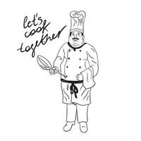 restaurant bedrijf illustratie concept. vector illustratie van een tekenfilm karakter chef Holding een frituren pan.hand getrokken koken geïsoleerd Aan wit achtergrond