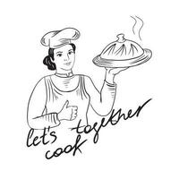 chef meisje logo embleem.koken, voedsel concept.vector illustratie.doodle stijl. vector