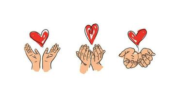 handen Holding een hart getrokken in kleur in doodle.set van handen draag- rood harten.vector illustratie.hand getrokken afbeelding vector