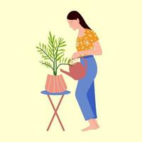 mooi vrouw gieter kamerplant. zorgzaam voor huis planten. hobby. vector illustratie in vlak stijl