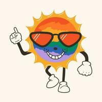 schattig gelukkig grappig regenboog zon Jaren 30 tekenfilm mascotte karakter jaren 40, jaren 50, Jaren 60 oud animatie stijl. vector