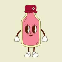 schattig gelukkig grappig milkshake, fles van aardbei melk Jaren 30 tekenfilm mascotte karakter jaren 40, jaren 50, Jaren 60 oud animatie stijl. vector