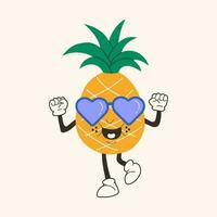 schattig gelukkig grappig ananas in bril Jaren 30 tekenfilm mascotte karakter jaren 40, jaren 50, Jaren 60 oud animatie stijl. vector