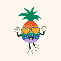 schattig gelukkig grappig regenboog ananas Jaren 30 tekenfilm mascotte karakter jaren 40, jaren 50, Jaren 60 oud animatie stijl. vector