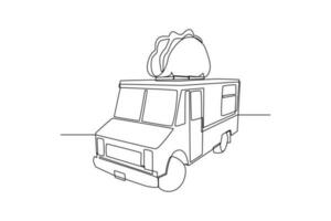 single een lijn tekening een voedsel vrachtauto met een hamburger Aan het. voedsel vrachtauto concept. doorlopend lijn tekening illustratie. vector