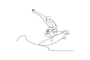 doorlopend een lijn tekening Mens jumping surfing Aan de golven. klasse het omhoog concept. single lijn tekening ontwerp grafisch vector illustratie