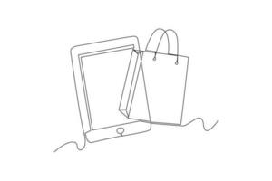 single een lijn tekening boodschappen doen Tassen uit van de tablet. markt digitaal concept. doorlopend lijn tekening illustratie vector