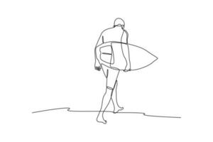 doorlopend een lijn tekening jongens Gaan surfing Bij de strand. klasse het omhoog concept. single lijn tekening ontwerp grafisch vector illustratie