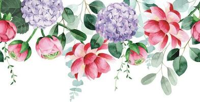 waterverf naadloos grens, kader met roze bloemen van roos, pioen, hortensia en eucalyptus bladeren vector