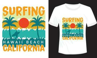 surfing Hawaii strand Californië t-shirt ontwerp vector illustratie