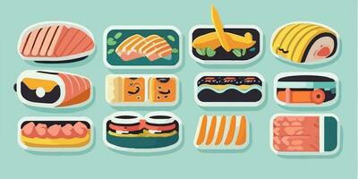 sushi in overvloed, volle kleur tekenfilm reeks brengen Japans keuken naar leven vector