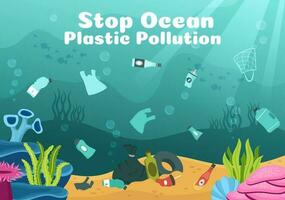 hou op oceaan plastic verontreiniging vector illustratie met uitschot onder de zee Leuk vinden een verspilling tas, vuilnis en fles in vlak tekenfilm hand- getrokken Sjablonen