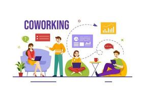 coworking bedrijf vector illustratie met collega's praten, vergadering en werken Bij de kantoor in vlak tekenfilm hand- getrokken landen bladzijde Sjablonen