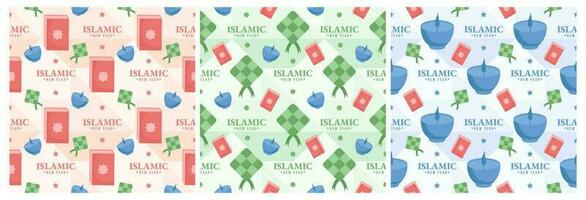 reeks van gelukkig Islamitisch nieuw jaar naadloos patroon ontwerp vlak illustratie met moslims elementen in sjabloon hand- getrokken vector