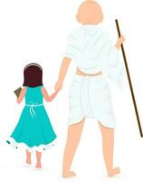terug visie van mahatma Gandhi bapu staand met meisje karakter Aan wit achtergrond. vector