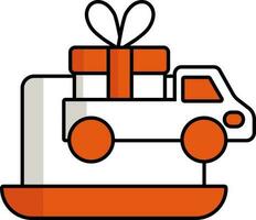 geschenk levering vrachtauto met laptop icoon in oranje en wit kleur. vector
