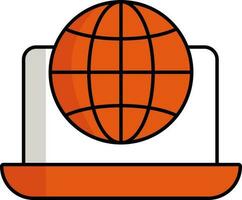 laptop met wereldbol icoon in oranje en wit kleur. vector