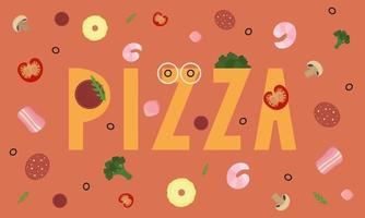 pizzawoord en ingrediënten op grappige kleurrijke vectorillustratie als achtergrond vector