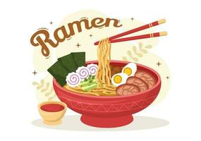 ramen vector illustratie van Japans voedsel met noedels, eetstokjes, miso soep, ei gekookt en gegrild noch ik in vlak tekenfilm hand- getrokken Sjablonen