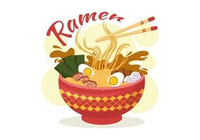 ramen vector illustratie van Japans voedsel met noedels, eetstokjes, miso soep, ei gekookt en gegrild noch ik in vlak tekenfilm hand- getrokken Sjablonen